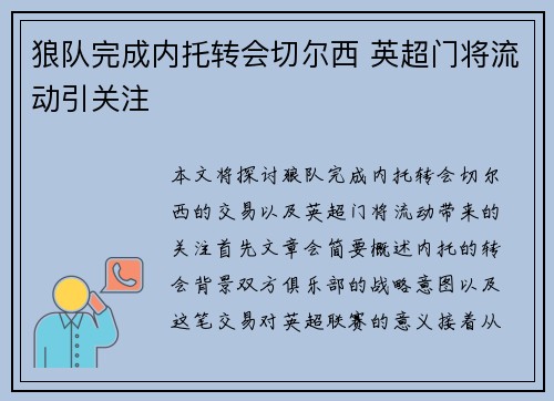 狼队完成内托转会切尔西 英超门将流动引关注